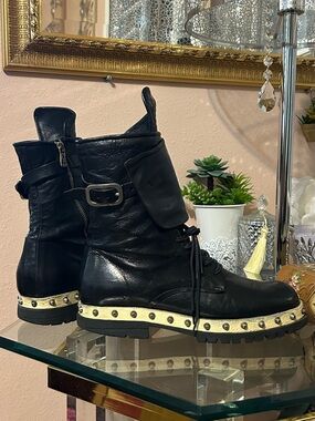 A.S.98 Black Leather Stud-Trim Biker Combat Boots Size 41